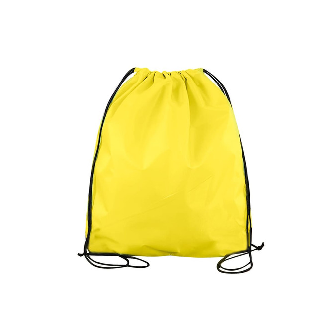 A yellow polyester drawstring bag with black cords and a smooth surface. It has a simple design and no visible branding.