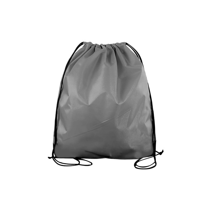 A grey polyester drawstring bag with black drawcords, featuring a simple design and a logo.