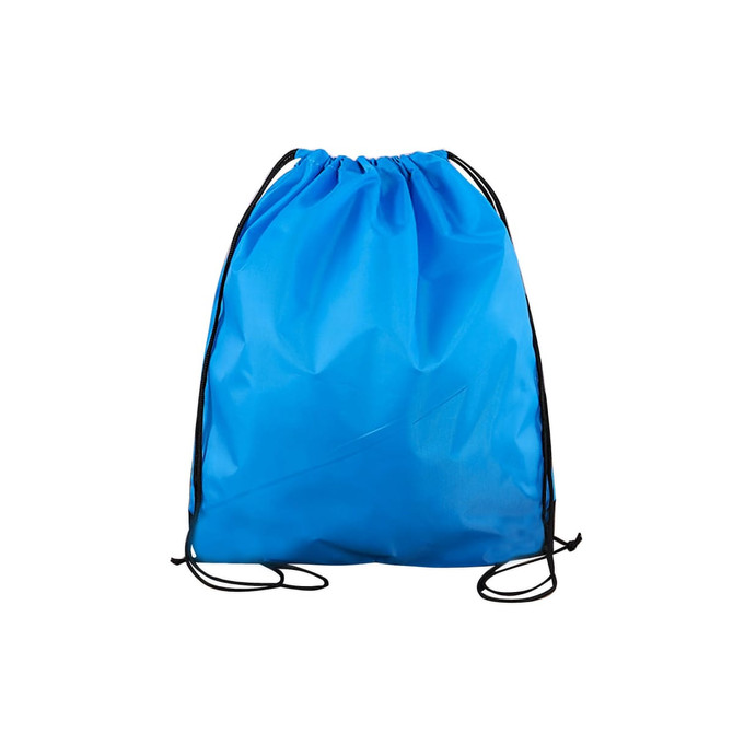 A blue polyester drawstring bag with black drawstrings, featuring a simple design and no visible logos.