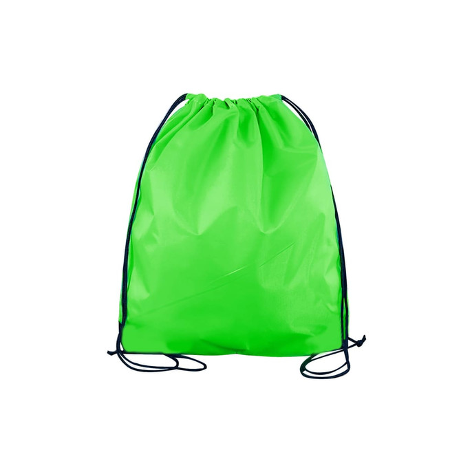 A bright green polyester drawstring bag with black drawstrings and a simple design, featuring a logo.