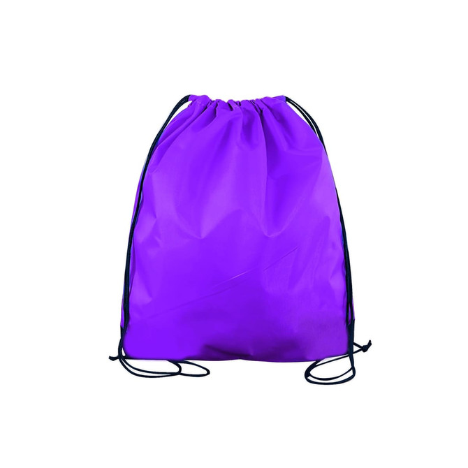 A purple polyester drawstring bag with black cords and a simple design. It features a logo.
