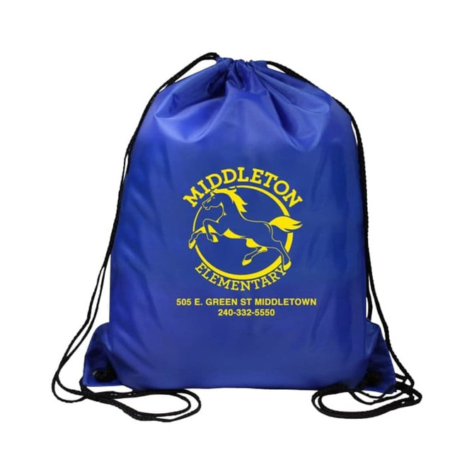 A blue polyester drawstring bag with a logo, featuring yellow text and a graphic of a horse.