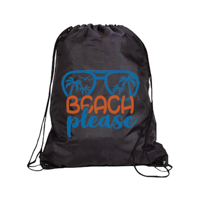 A black drawstring bag featuring a colourful graphic of sunglasses and the text "Beach Please."