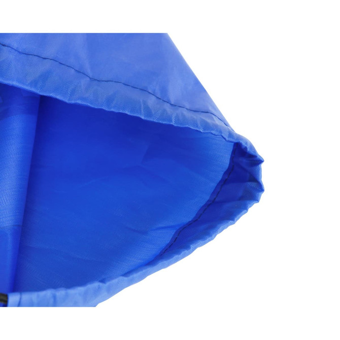 A blue polyester drawstring bag with a simple design and a drawstring closure. Features a logo.