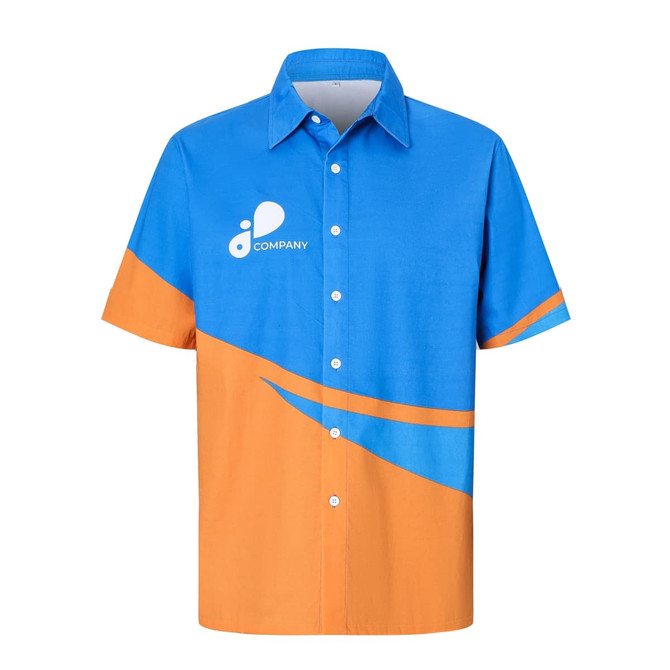 A short-sleeved button-up shirt in blue and orange with a logo on the front. Made from 100% cotton.