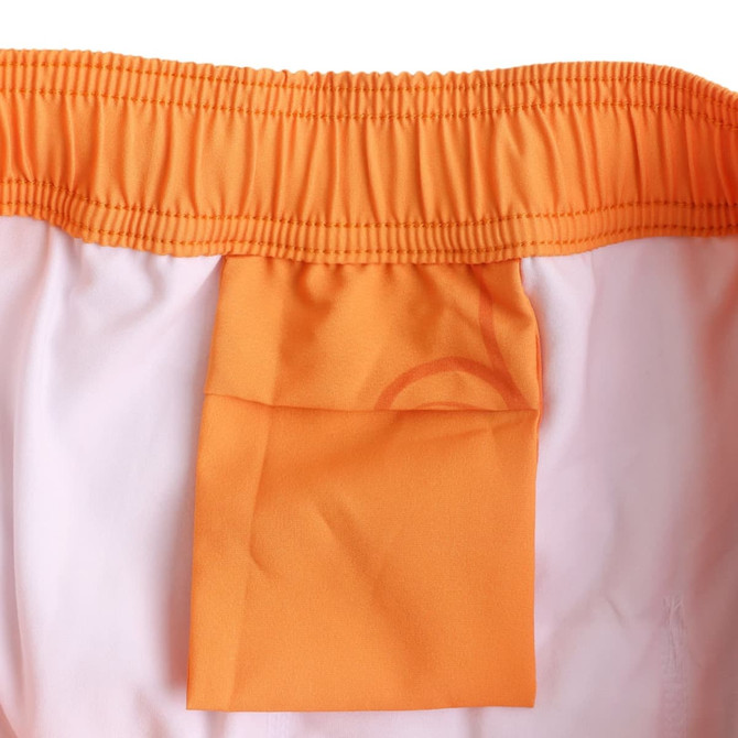 Men's swim shorts in orange and white with an elastic waistband and an interior pocket. Features a logo.