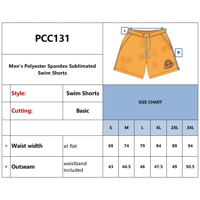 Men's polyester spandex swim shorts in orange with a size chart and a logo. Features a basic cutting style.