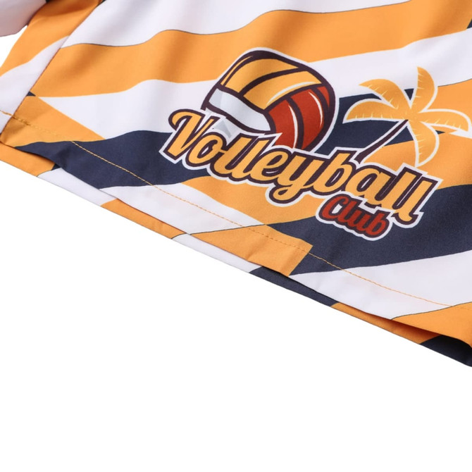A pair of women's board shorts in yellow and white with a volleyball graphic and palm tree design. Features a drawstring and pocket.
