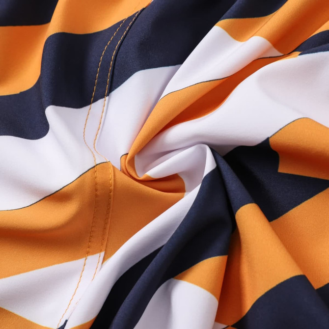 A fabric close-up featuring orange, navy, and white stripes with visible stitching, ideal for board shorts.