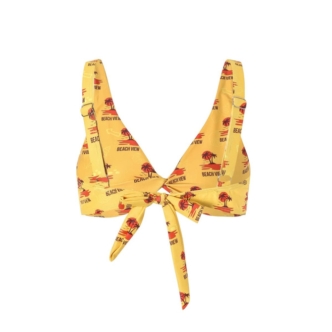 A yellow bikini top with a tied front, featuring a palm tree and beach view design. It has adjustable straps and a logo.
