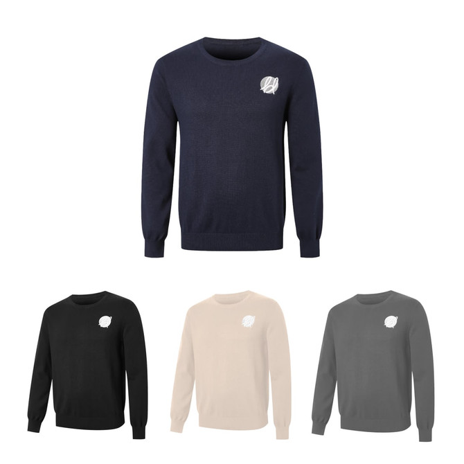 A collection of unisex 100% cotton round collar sweaters in navy, black, beige, and grey. Each has a logo.