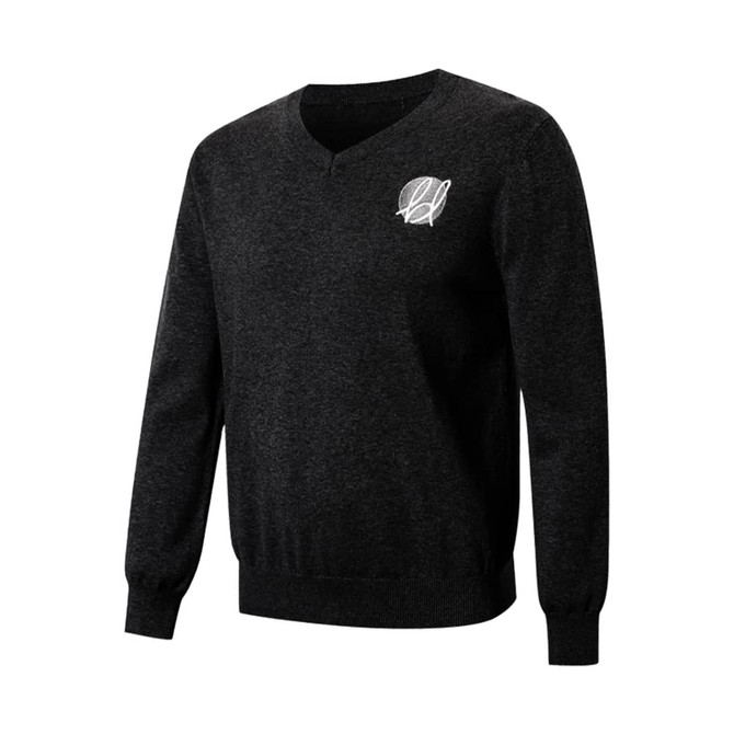 A black unisex 100% cotton V-neck sweater with long sleeves and a small logo on the chest.