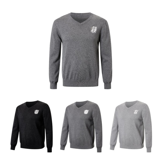 A set of unisex 100% cotton V-neck sweaters in black, dark grey, and light grey, each featuring a logo.