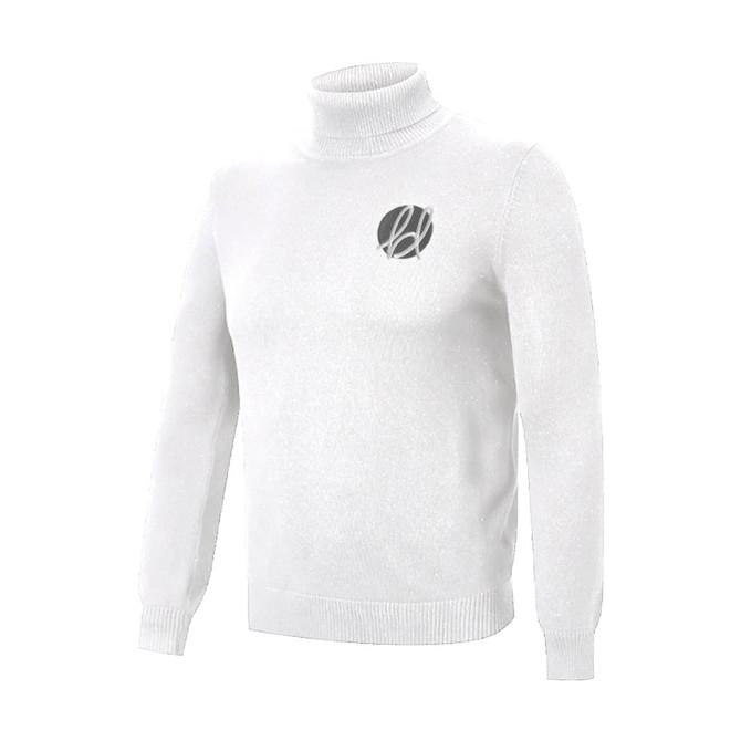 A white unisex 100% cotton turtleneck sweater with a round logo on the front.