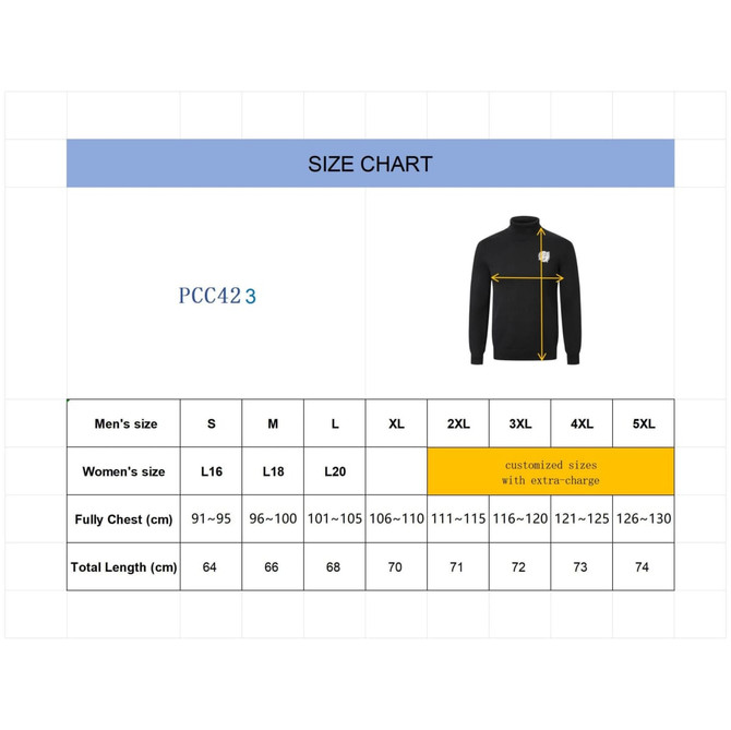A size chart for a unisex cotton turtleneck sweater, featuring measurements for various sizes and options for custom sizes.