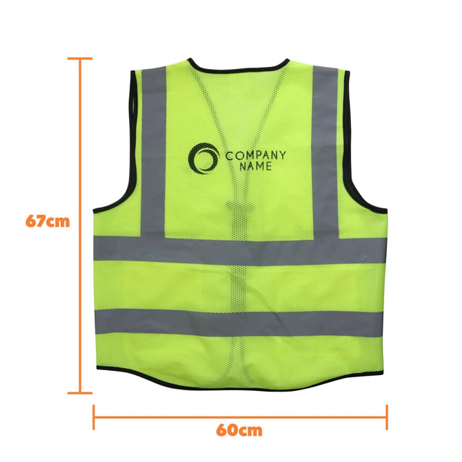 A hi-vis yellow unisex vest featuring reflective tapes and functional pockets, with visible branding.