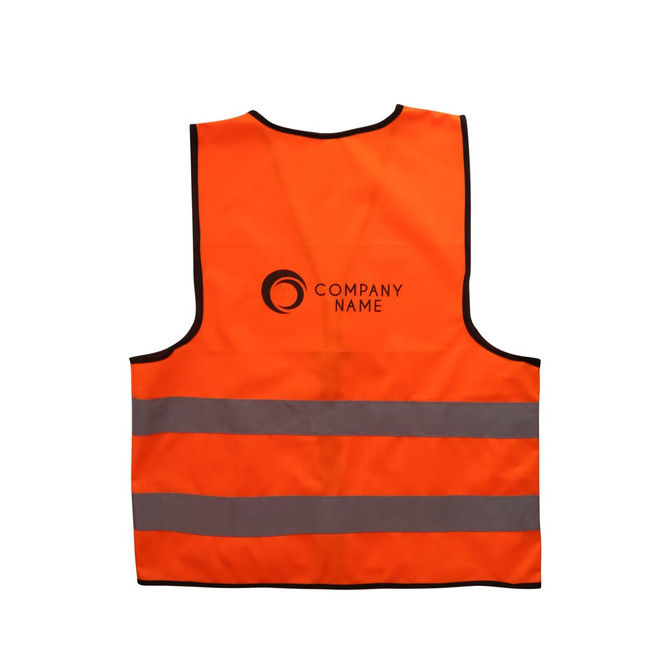 An orange unisex hi-vis vest with horizontal reflective tape and a logo on the back.