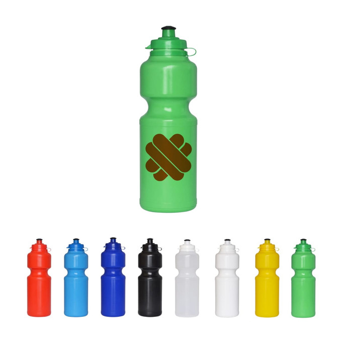 A drink bottle in green with a logo, surrounded by versions in red, blue, black, white, and yellow.