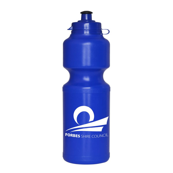 A blue 750ml flip top drink bottle with a logo. Ideal for hydration on the go.