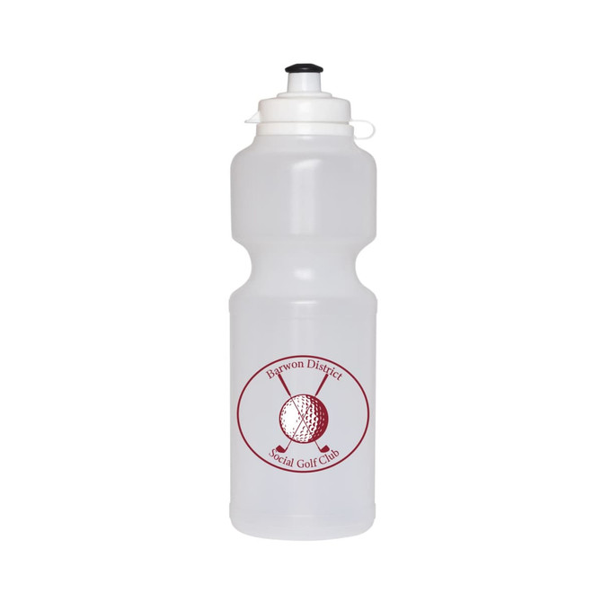 A drink bottle in clear plastic with a flip top and a logo, designed for hydration.