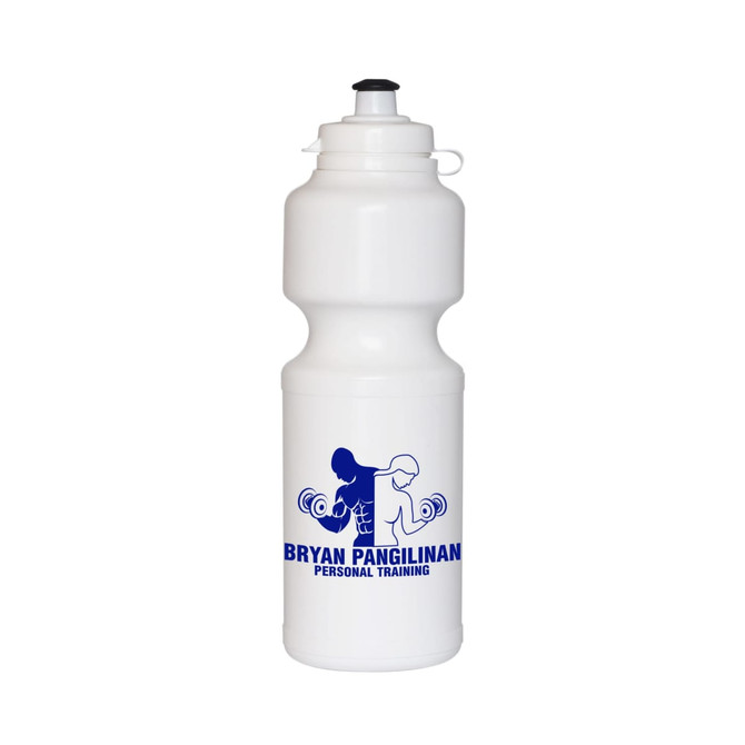 A drink bottle in white with a flip top lid and a blue logo. It has a capacity of 750ml.