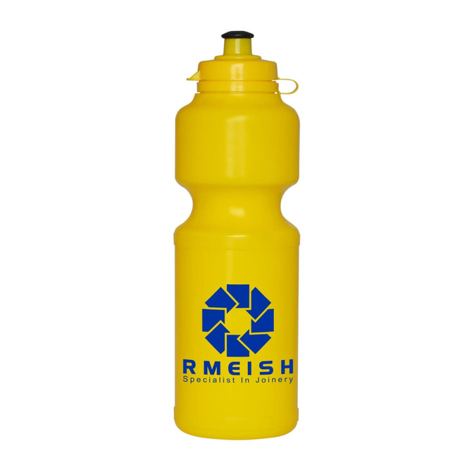A yellow 750ml flip top drink bottle with a logo printed on it.