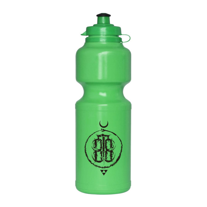 A green 750ml flip top drink bottle with a logo on the front. Ideal for hydration on the go.
