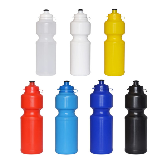 A drink bottle collection featuring red, blue, black, yellow, white, and transparent options, each with a flip-top cap.