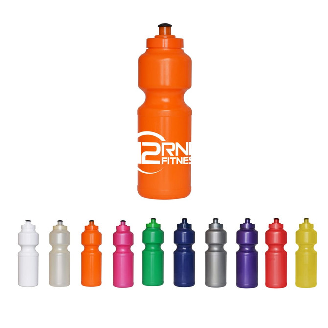 A drink bottle in multiple colours, including orange, white, grey, pink, purple, and more, featuring a logo.
