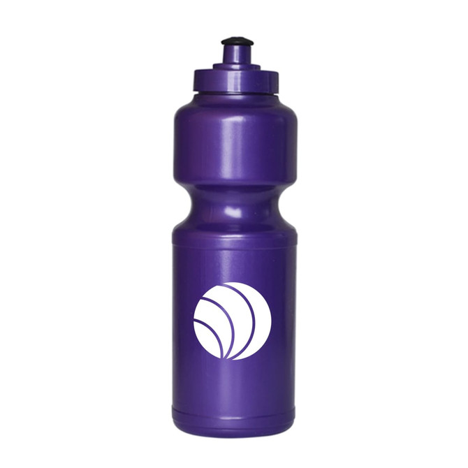 A purple 750ml screw top drink bottle with a logo design on the front.