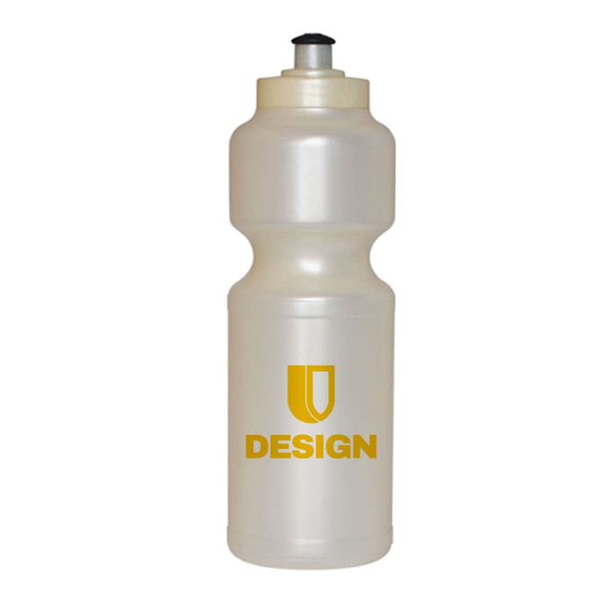 A drink bottle in translucent white with a screw top and a logo printed in yellow.