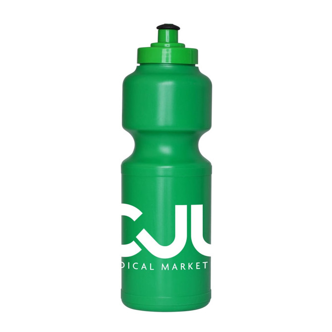 A green 750ml screw top drink bottle with a large logo on the front.