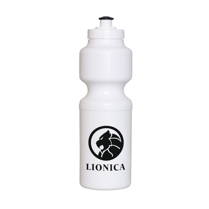 A drink bottle in white featuring a screw top and a logo in black.