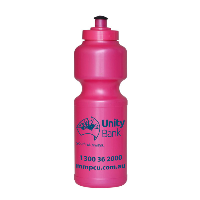A pink drink bottle with a screw top and a logo printed on it. Ideal for hydration on the go.