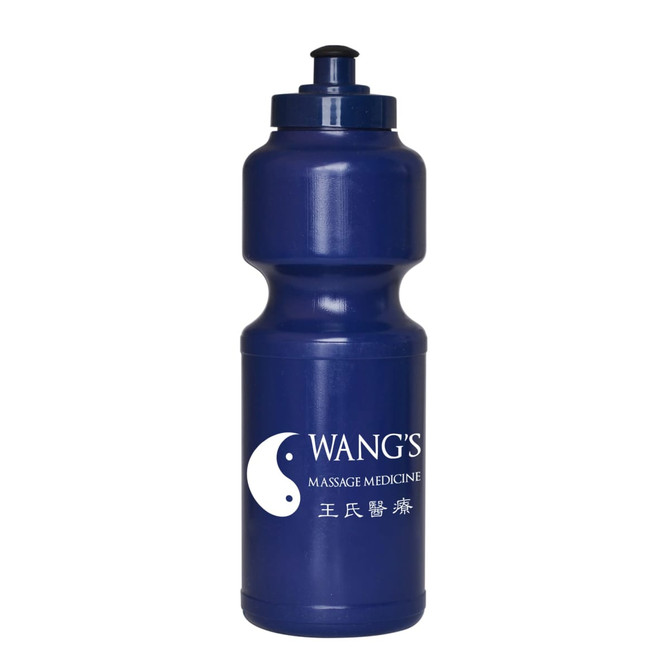 A drink bottle in dark blue with a screw top lid and a logo displayed on the front.