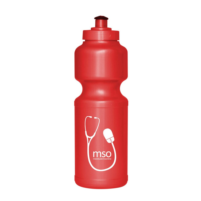 A drink bottle in red with a screw top and a logo depicting a stethoscope.
