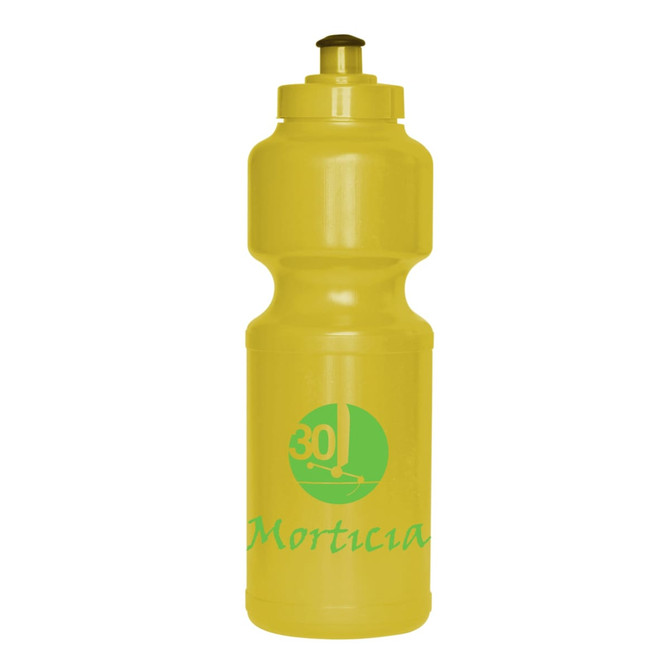 A yellow 750ml screw top drink bottle featuring a logo and green text.