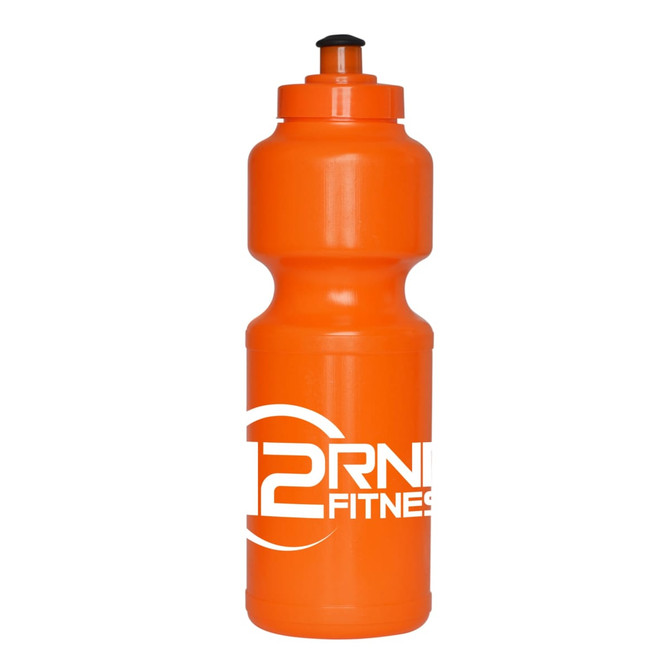 An orange 750ml screw top drink bottle with a logo on the side.