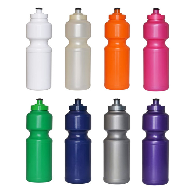 A drink bottle collection featuring various colours: white, translucent, orange, pink, green, navy, purple, and grey. Each bottle has a screw top and a logo.