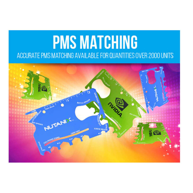 A colourful assortment of card-sized multi-tools in green and blue, featuring various tool functions and a logo.