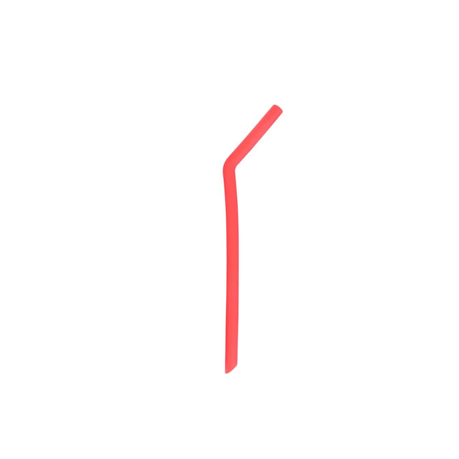 A reusable silicone straw in vibrant red, featuring a curved design. It has a simple branding logo.