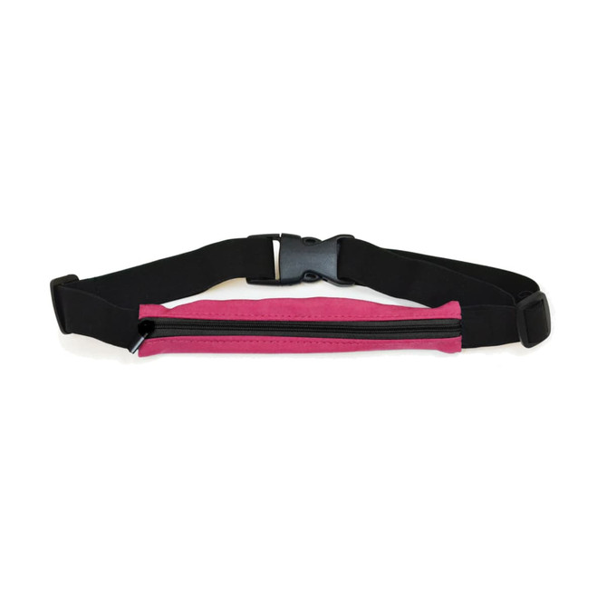 A pink running belt with a black adjustable strap and a zippered compartment. Features a logo.