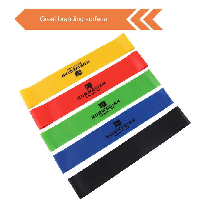 Four latex-free TPE fitness resistance bands in yellow, red, green, blue, and black, featuring a logo on each band.