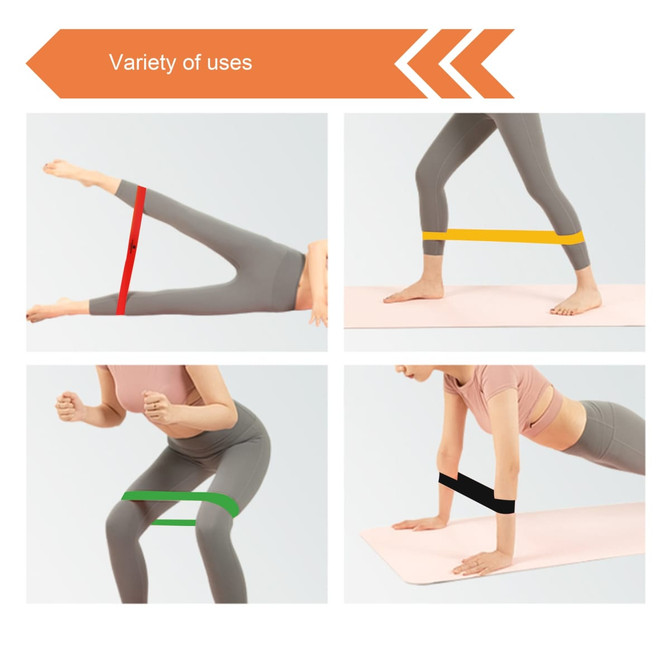 A set of four fitness resistance bands in red, yellow, green, and black, demonstrating various exercises against a light background.
