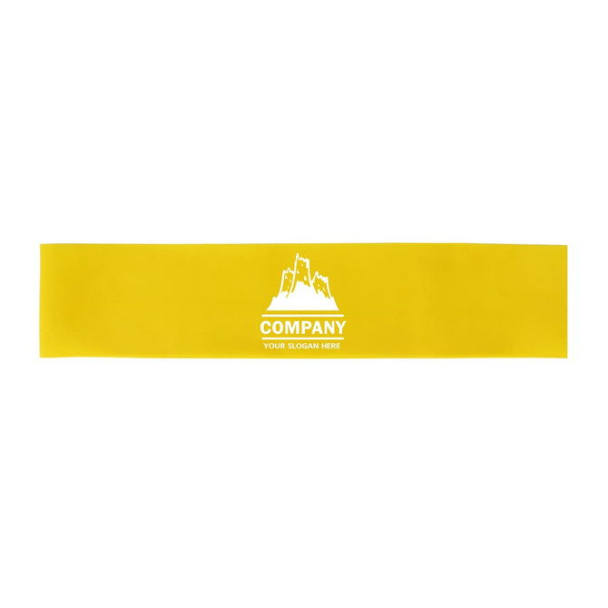 A yellow latex fitness resistance band featuring a logo design. Suitable for sports and outdoor activities.