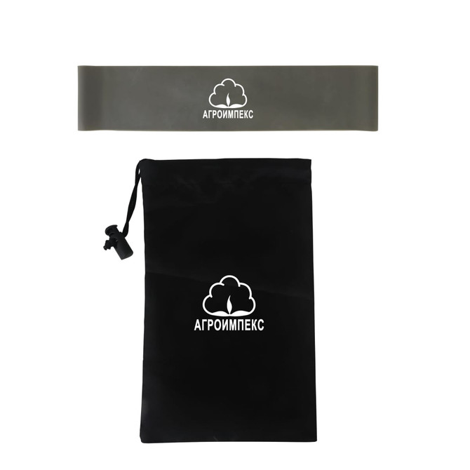 A grey latex fitness resistance band and a black drawstring bag featuring a logo.