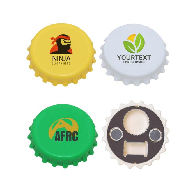 A drink bottle opener featuring four different cap designs in yellow, white, and green, with logos.
