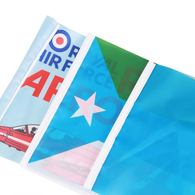 A rectangular cheering flag stick featuring a mix of blue and green designs, with a logo present.