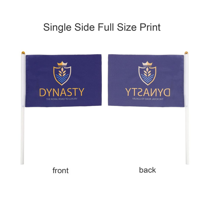 A rectangular cheering flag stick with a purple flag featuring a logo in gold on both sides.