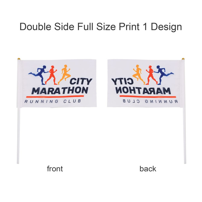A rectangular cheering flag stick featuring a double-sided design in white, with colourful graphics and a logo.